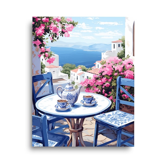 Greek Coffee Watercolor Print, Aegean Sea Decor