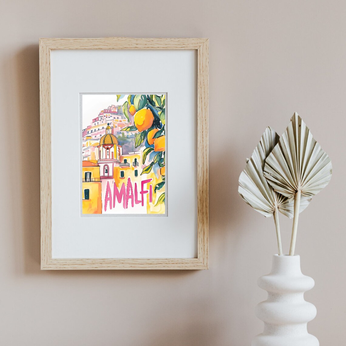 Amalfi Lemons Hill Town Church Pink Lettering Travel Watercolor Poster - Image 2