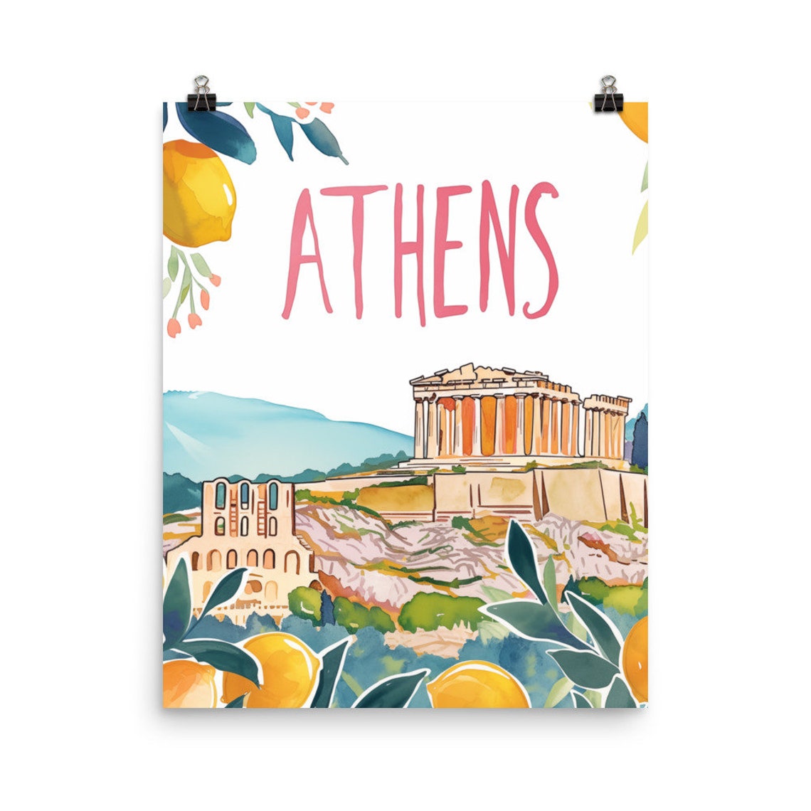 Athens Parthenon Acropolis with Citrus Border Watercolor Poster