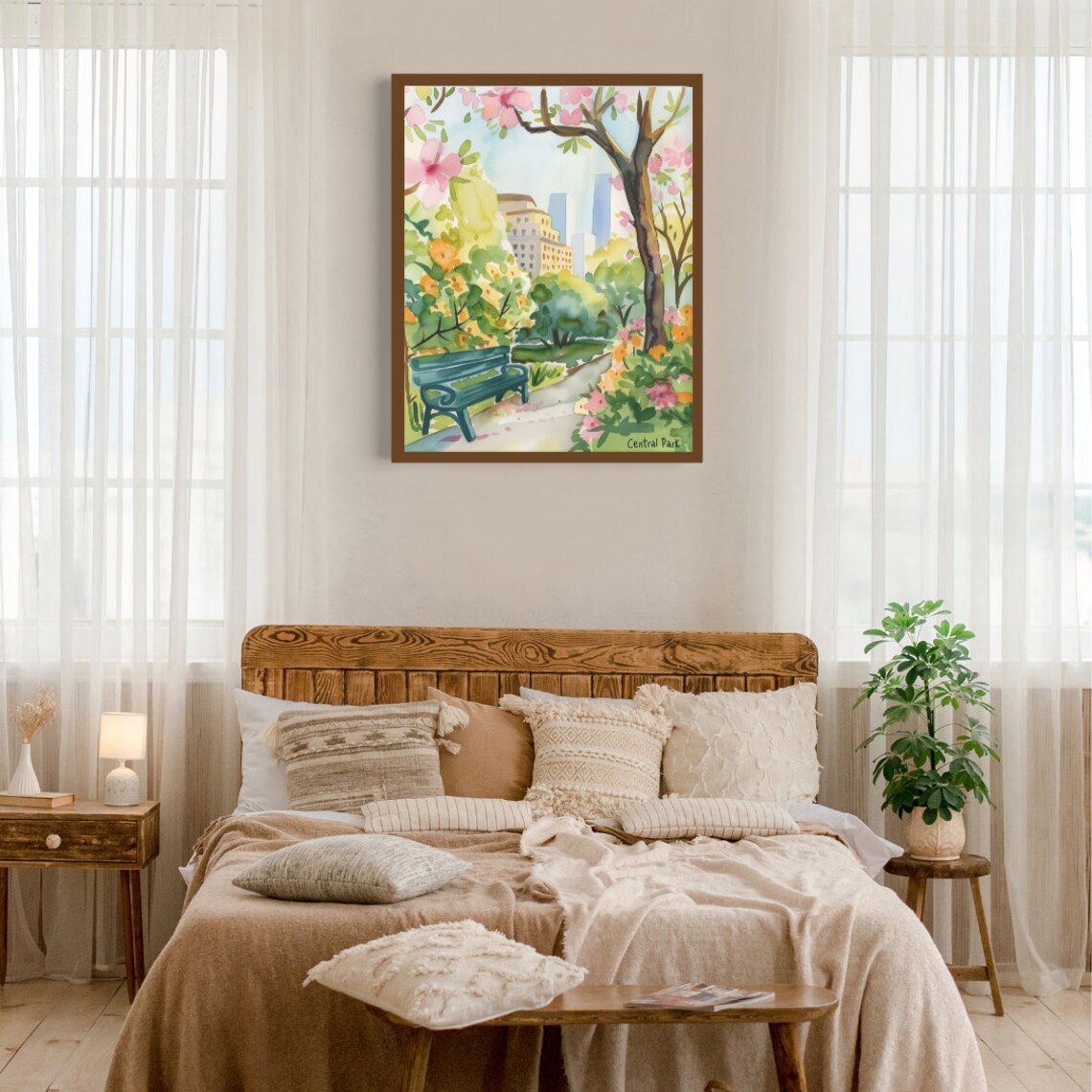 Central Park Spring Bench Blossom Garden Scene Watercolor Poster - Image 2