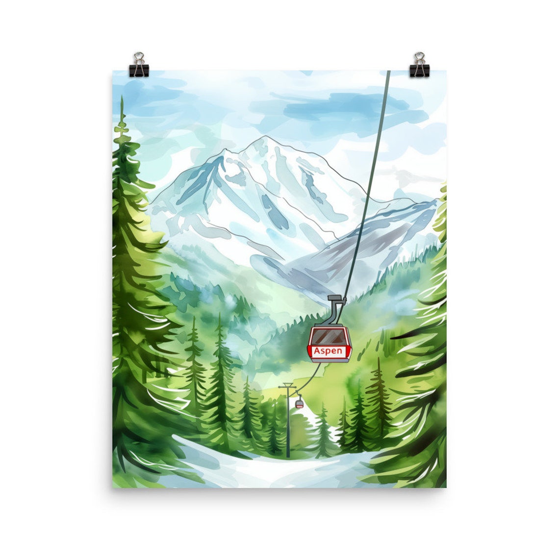 Red Aspen Gondola Gliding Over Snowy Pine Forest Mountain Poster