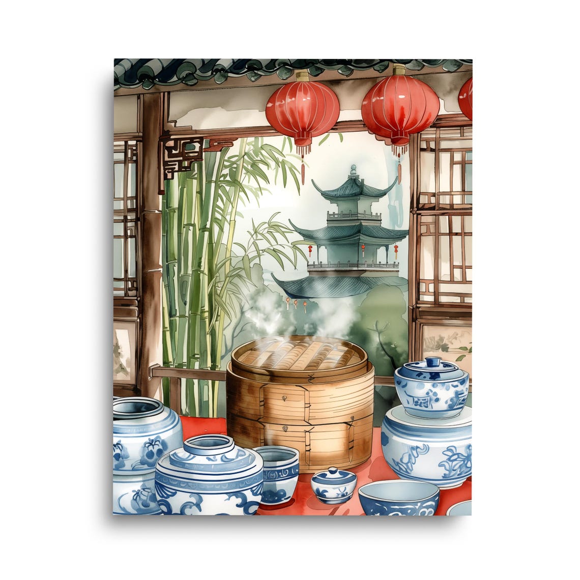 Chinese Kitchen Watercolor Dumpling Steamer Dim Sum Food Poster