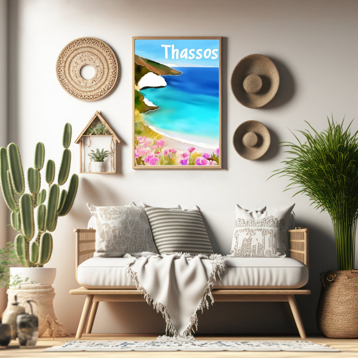 Thassos Turquoise Cove Between Cliffs Watercolor Travel Poster - Image 2