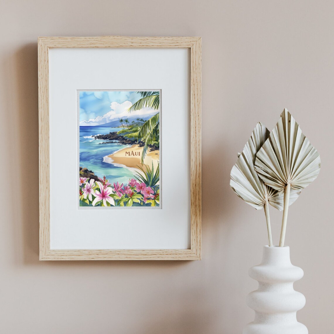 Maui Rocky Cove Palm Beach Hibiscus Watercolor Travel Poster - Image 2