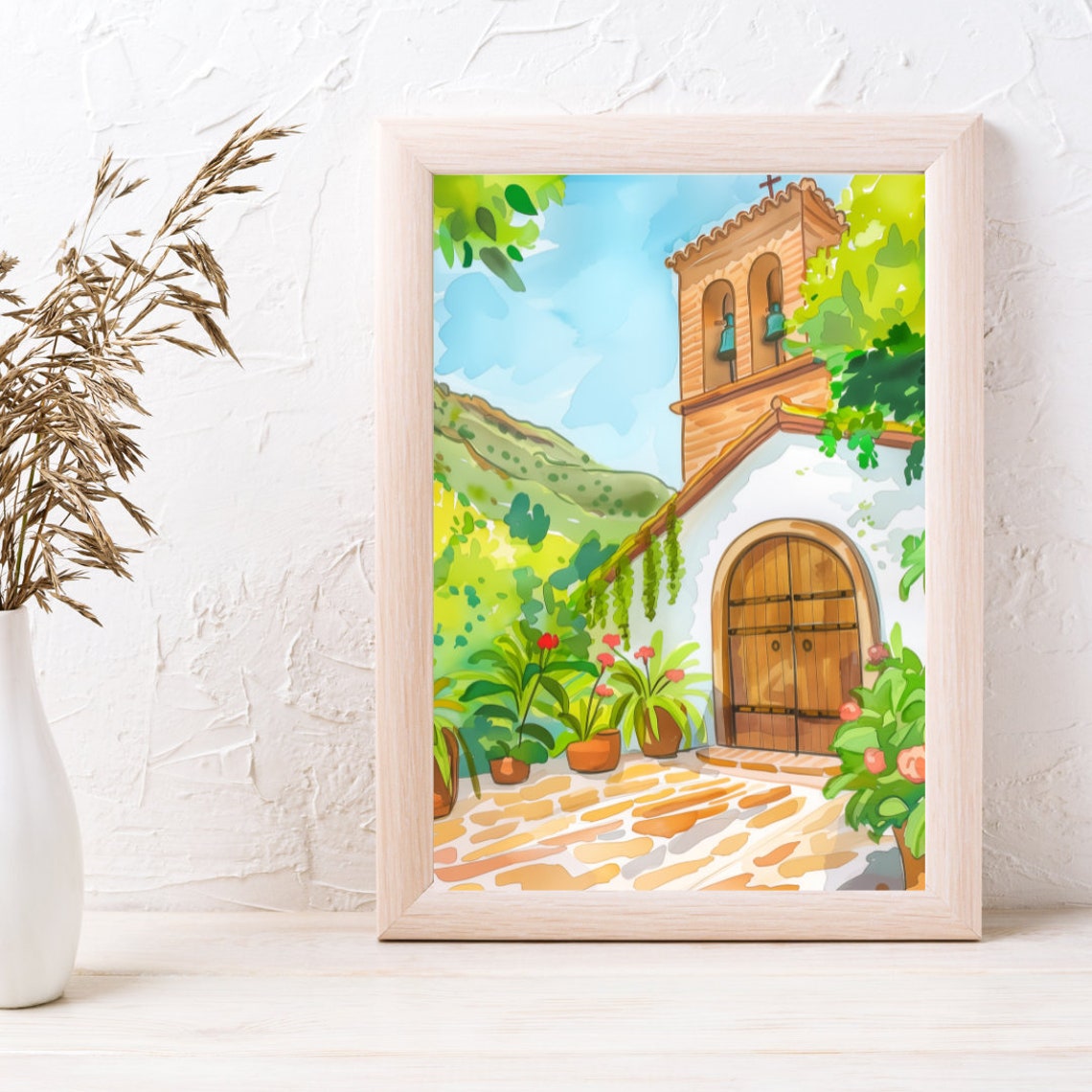 Mijas White Church with Bell Tower and Geranium Flower Pots Poster - Image 3