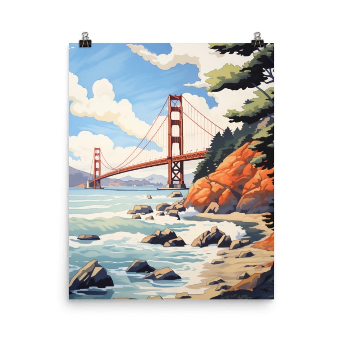 Golden Gate Bridge Over Rocky Bay Shores San Francisco Travel Poster
