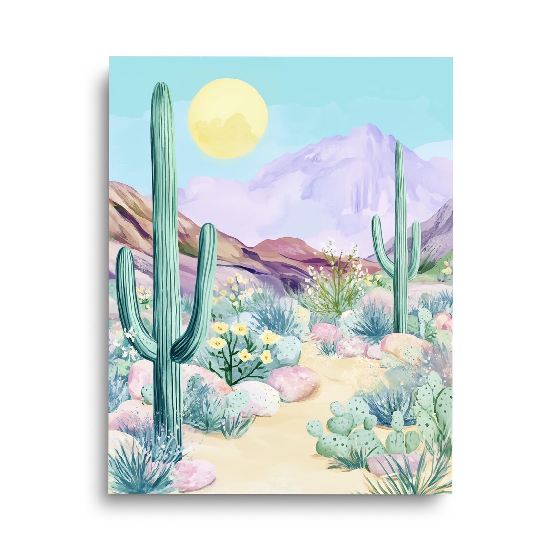 Pastel Desert Saguaro Cacti Bloom Watercolor Southwest Wall Art