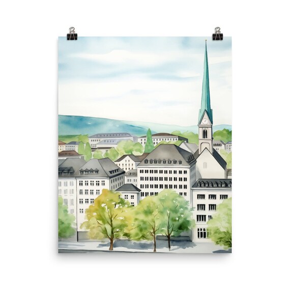 Zurich Old Town Church Spire Cityscape in Soft Daylight Watercolor Poster