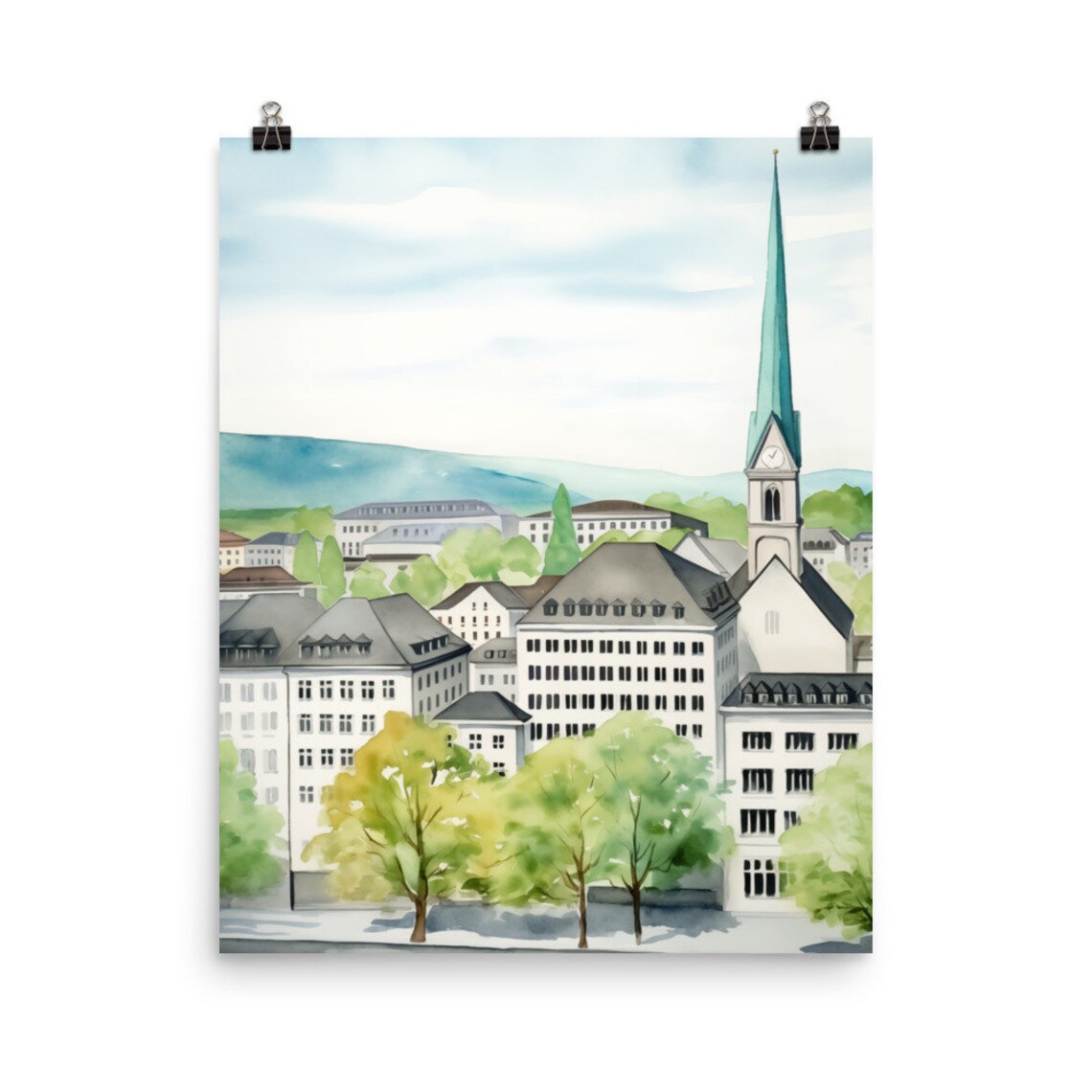 Zurich Old Town Church Spire Cityscape in Soft Daylight Watercolor Poster