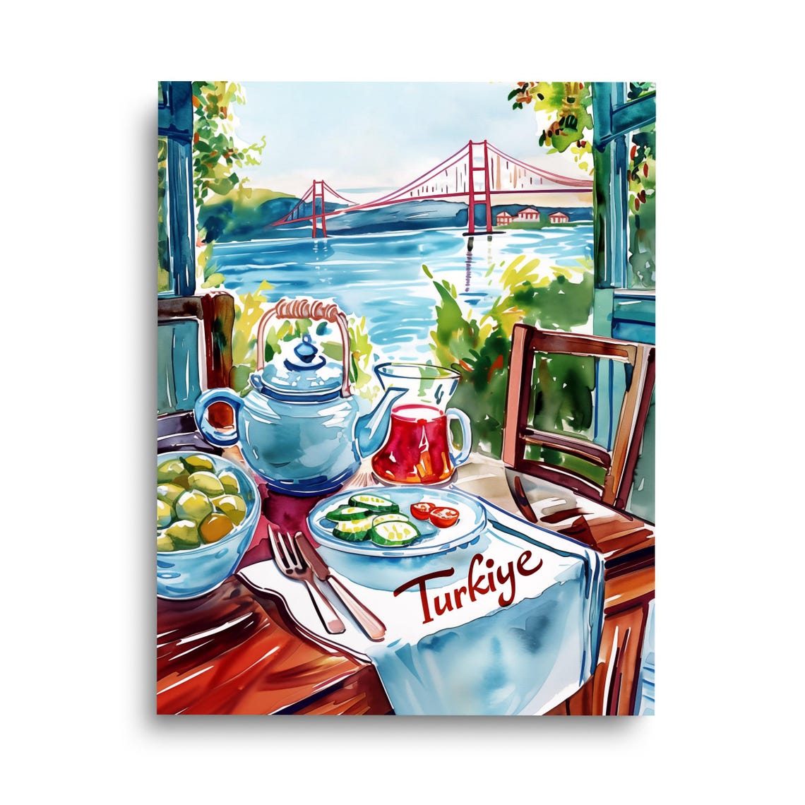 Turkish Breakfast by the Bosphorus Watercolor Kitchen Art Poster