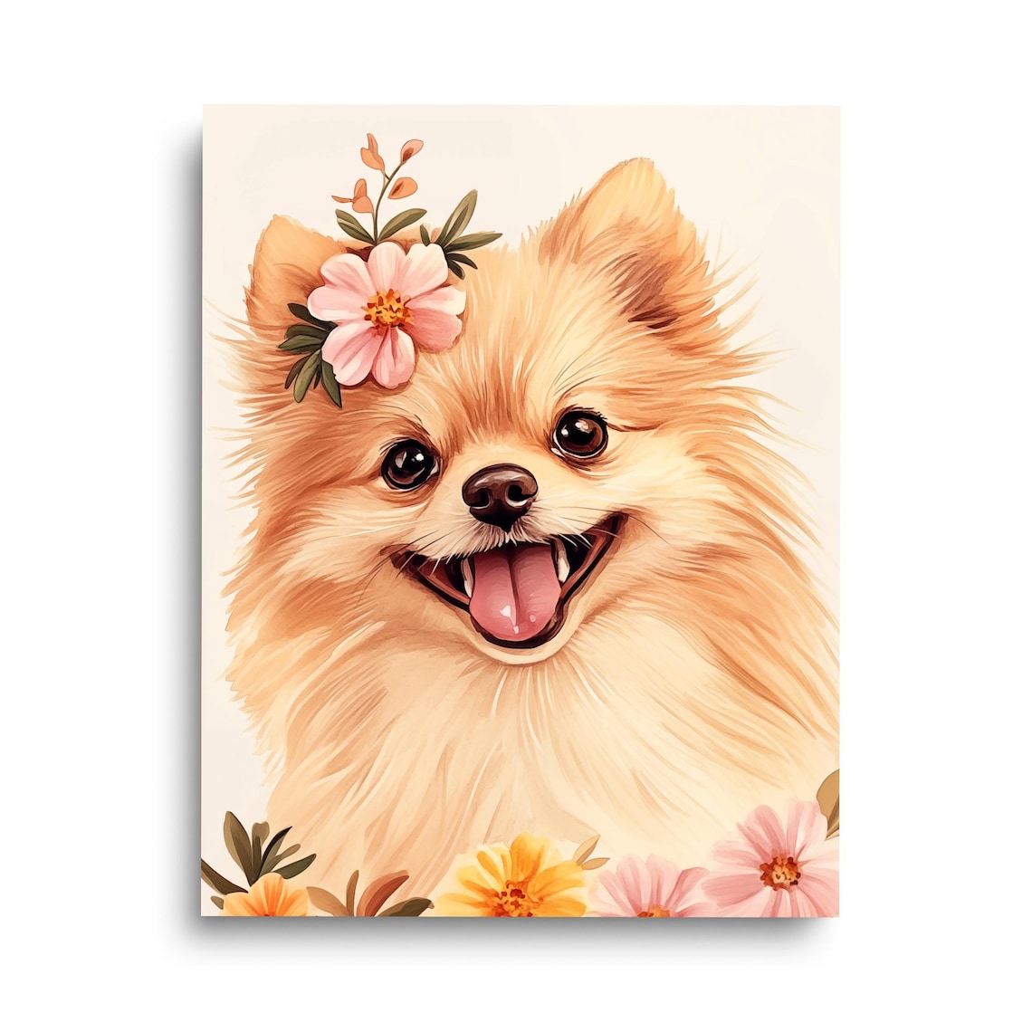 Smiling Pomeranian Puppy Watercolor Art With Pink Flowers Poster