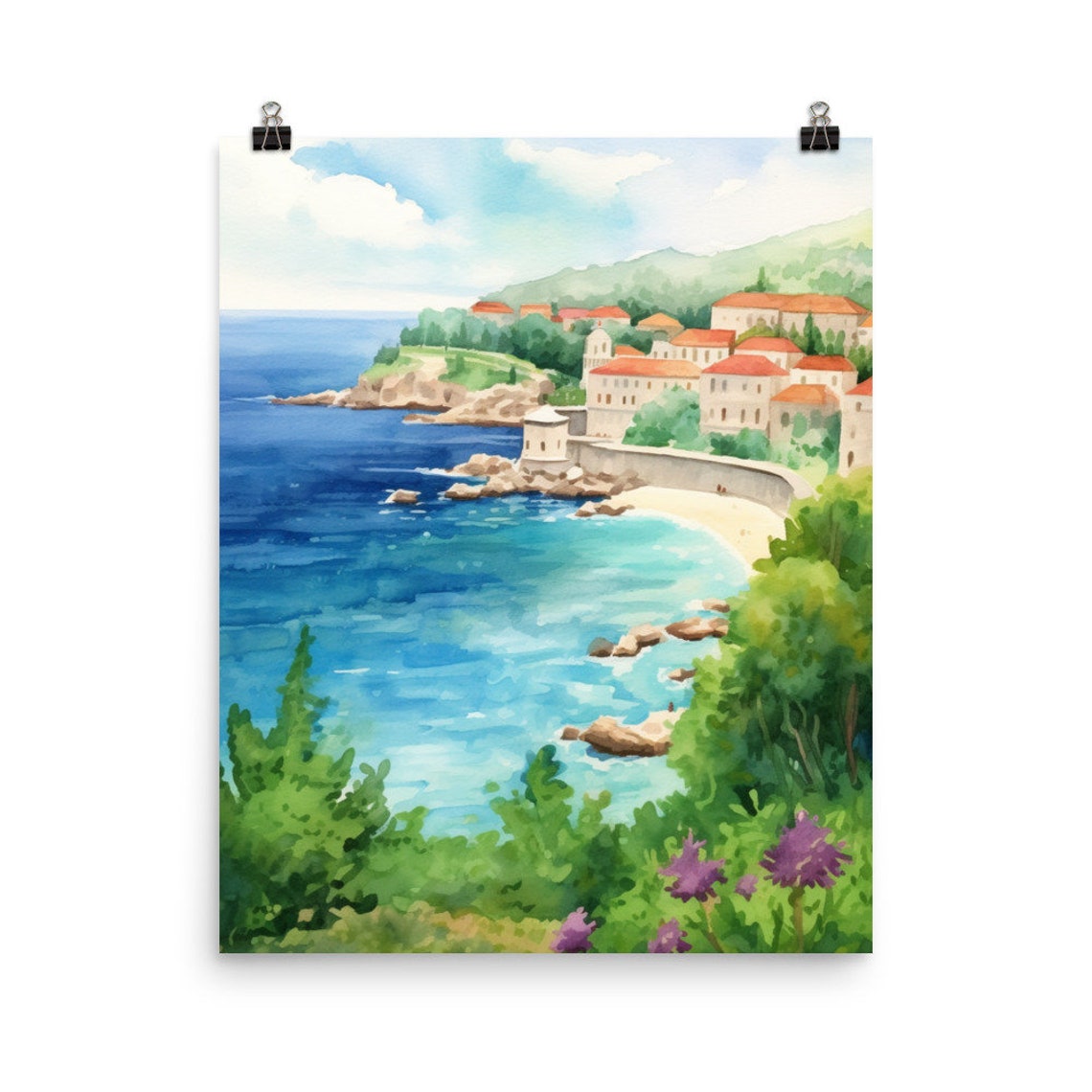 Dubrovnik Old Town Walls Over Turquoise Bay Watercolor Poster