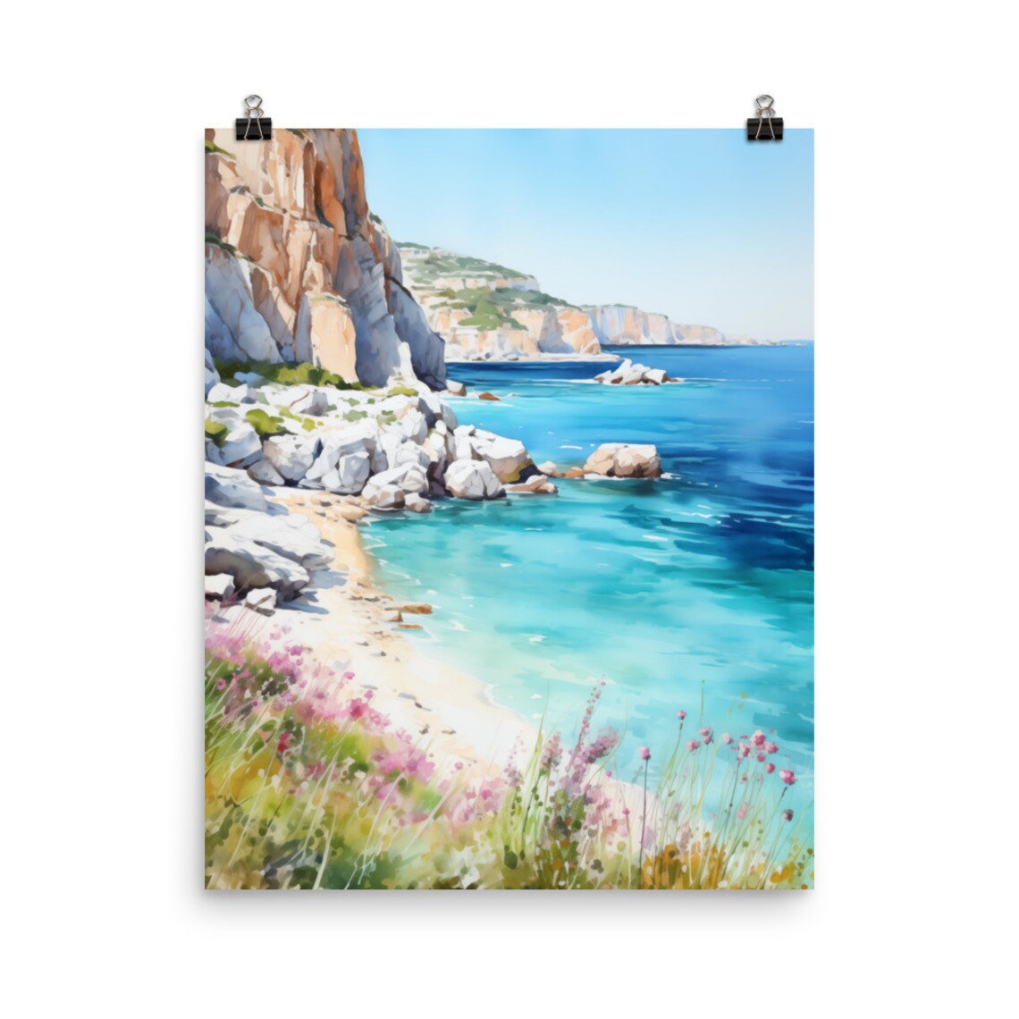 Cala Gonone Watercolor Travel Poster, Sardinia