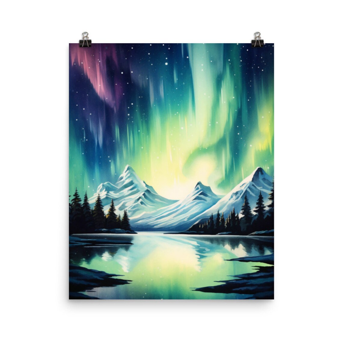 Aurora Borealis Watercolor Art Print, Iceland