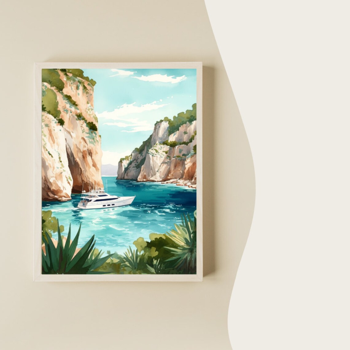 Calo des Moro Yacht Turquoise Cove White Cliffs Scene Poster - Image 2