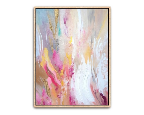 Hand Painted Abstract Art Acrylic Painting Large Wall Artwork Light Pastel Colorful Pink Gold White Orange Purple Tan Framed Decor