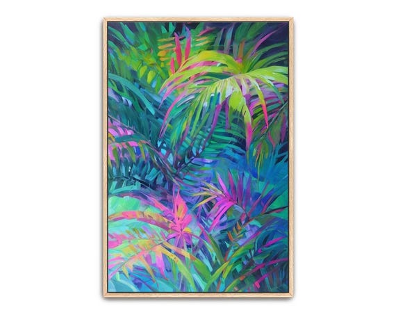 Hand Painted Abstract Acrylic Painting Large Artwork Wall Art Colorful Multicolored Rainbow Tropical Palm Leaves Texture Framed Decor