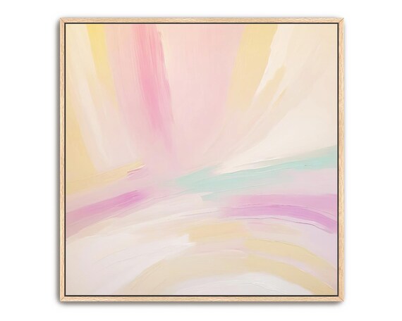 Hand Painted Abstract Acrylic Painting Large Artwork Wall Art Pastel Light Pink Peach Coral Yellow Beige Tan Framed Wall Decor