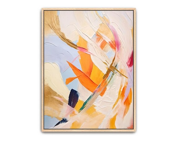 Hand Painted Abstract Art Acrylic Painting Large Wall Artwork Light Pastel Orange Yellow Beige White Coral Colorful Framed Decor