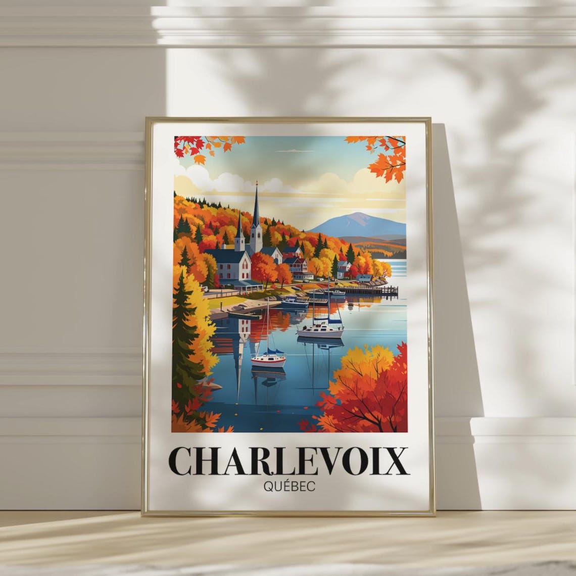 Charlevoix Quebec Autumn Village Harbor Fall Foliage Travel Poster