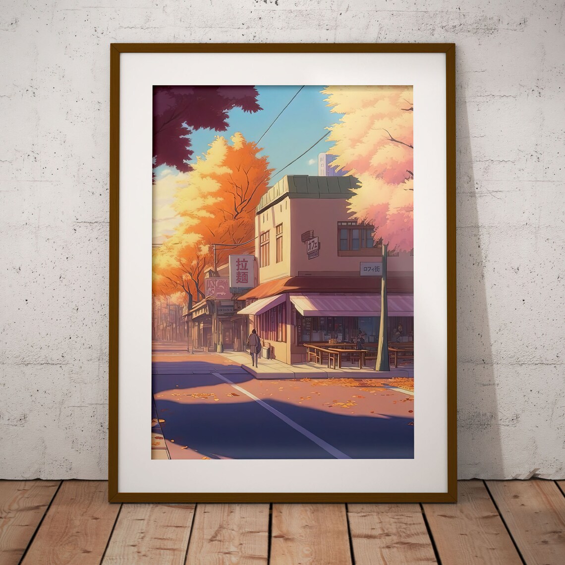 Anime Japanese Autumn Street With Ramen Shop and Golden Trees Poster