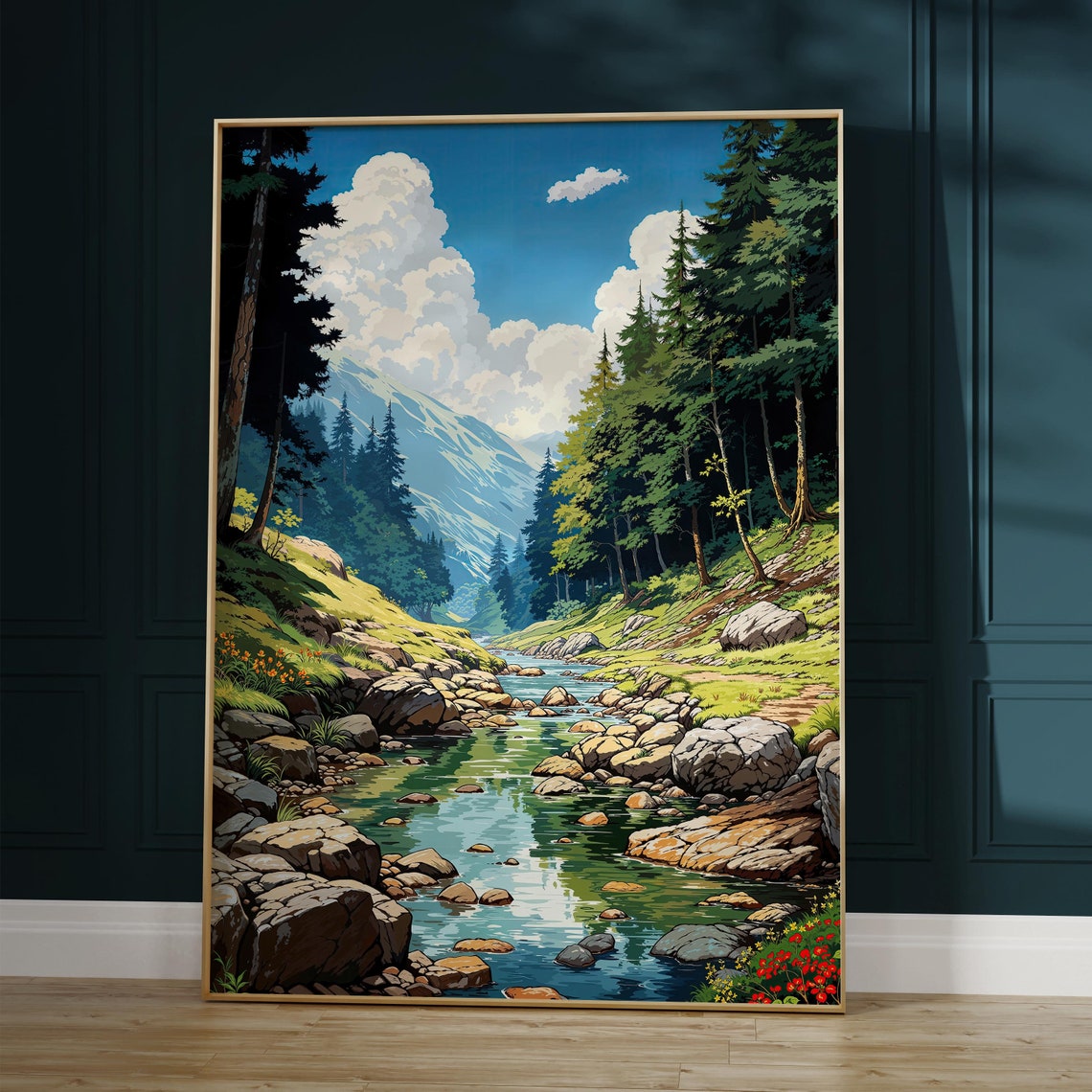 Mountain Stream Forest Poster with Rocky River and Pine Trees Anime