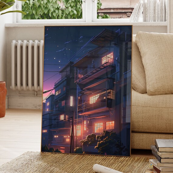 Japanese Apartment Night Anime Poster with Glowing Windows and Stars