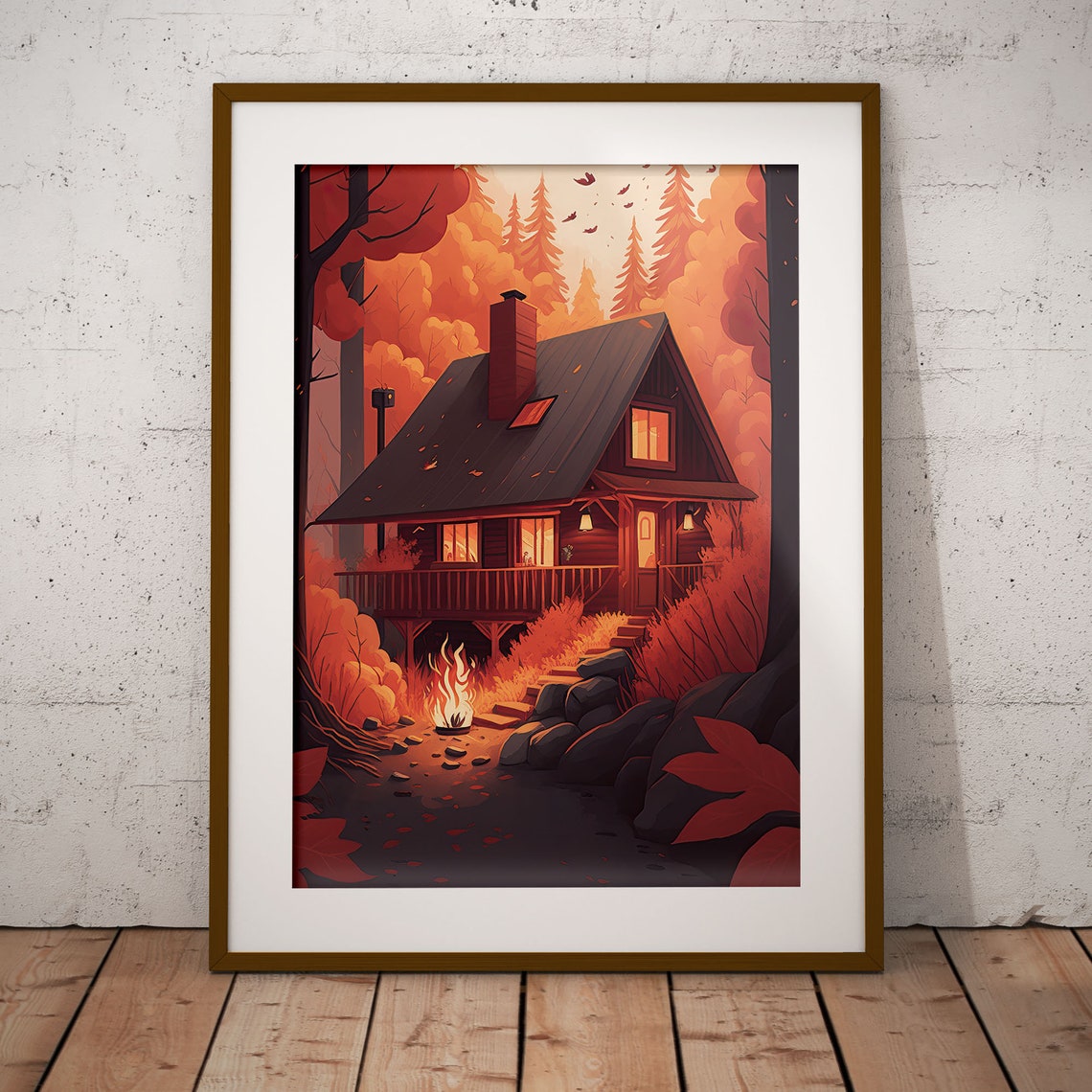 Cozy Autumn Cabin Poster with Campfire and Orange Forest Lofi Art