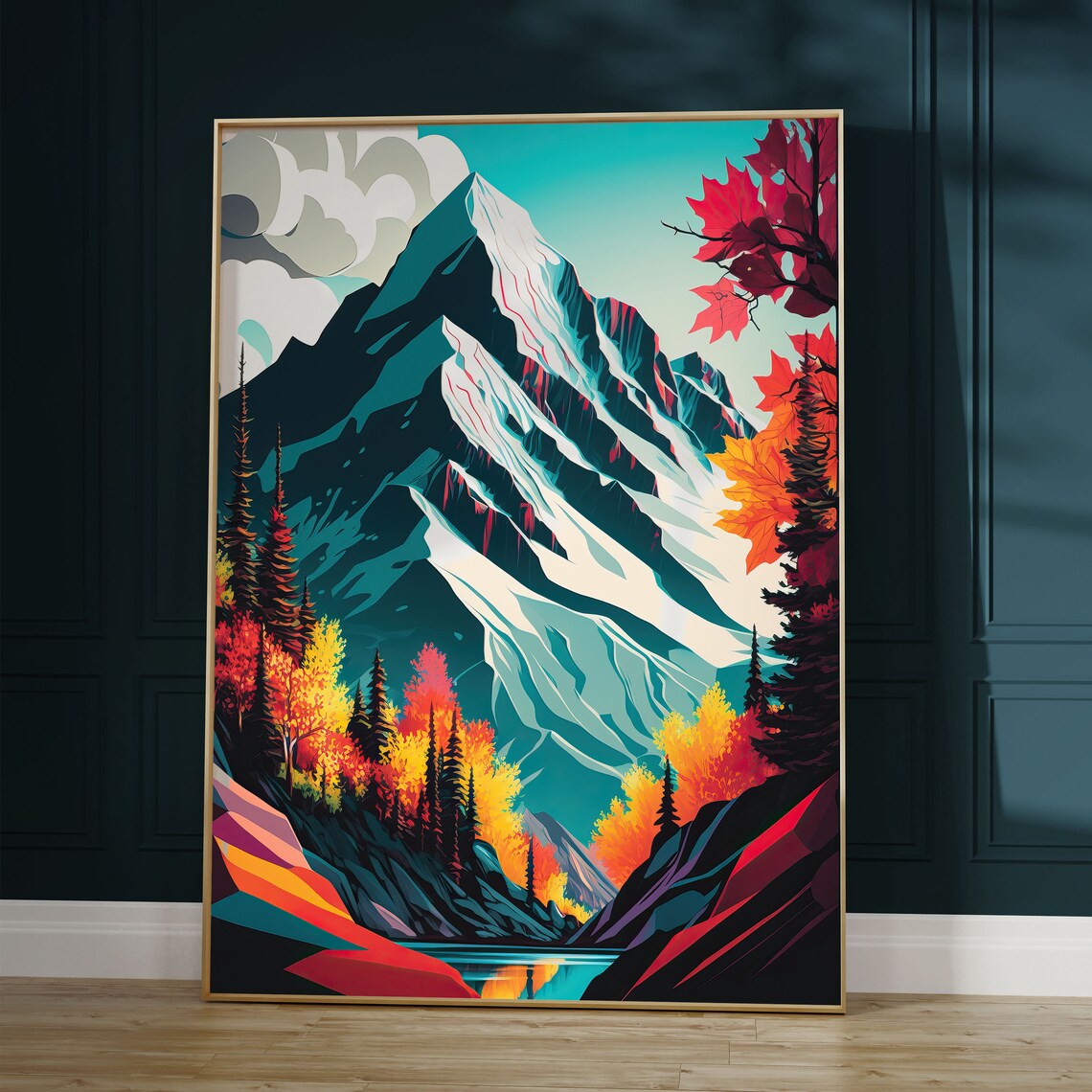 Mountain Lake Art Print, Autumn Scenery Landscape