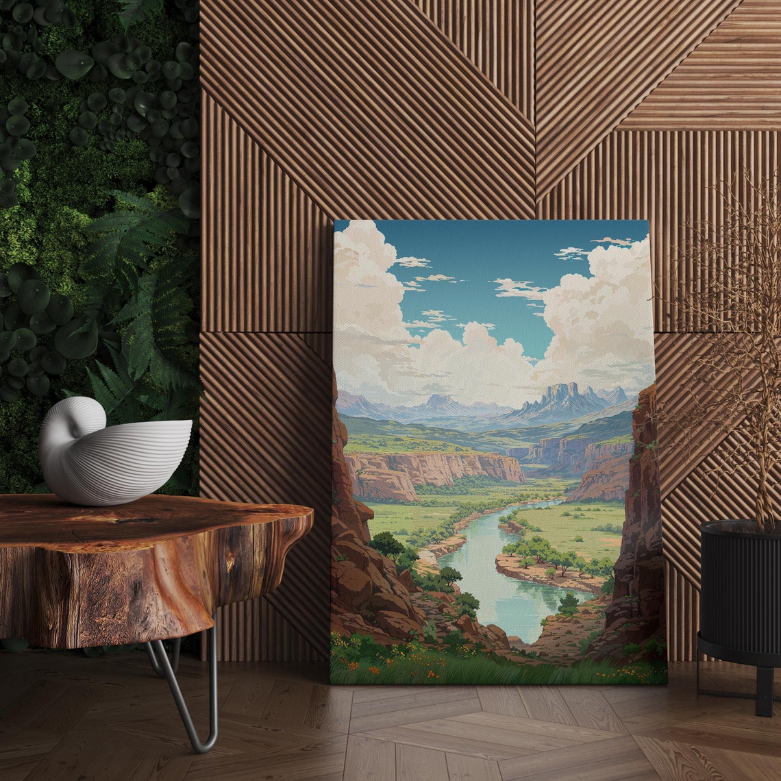 Red Rock Desert Canyon With a Winding River and Towering Cliffs Poster