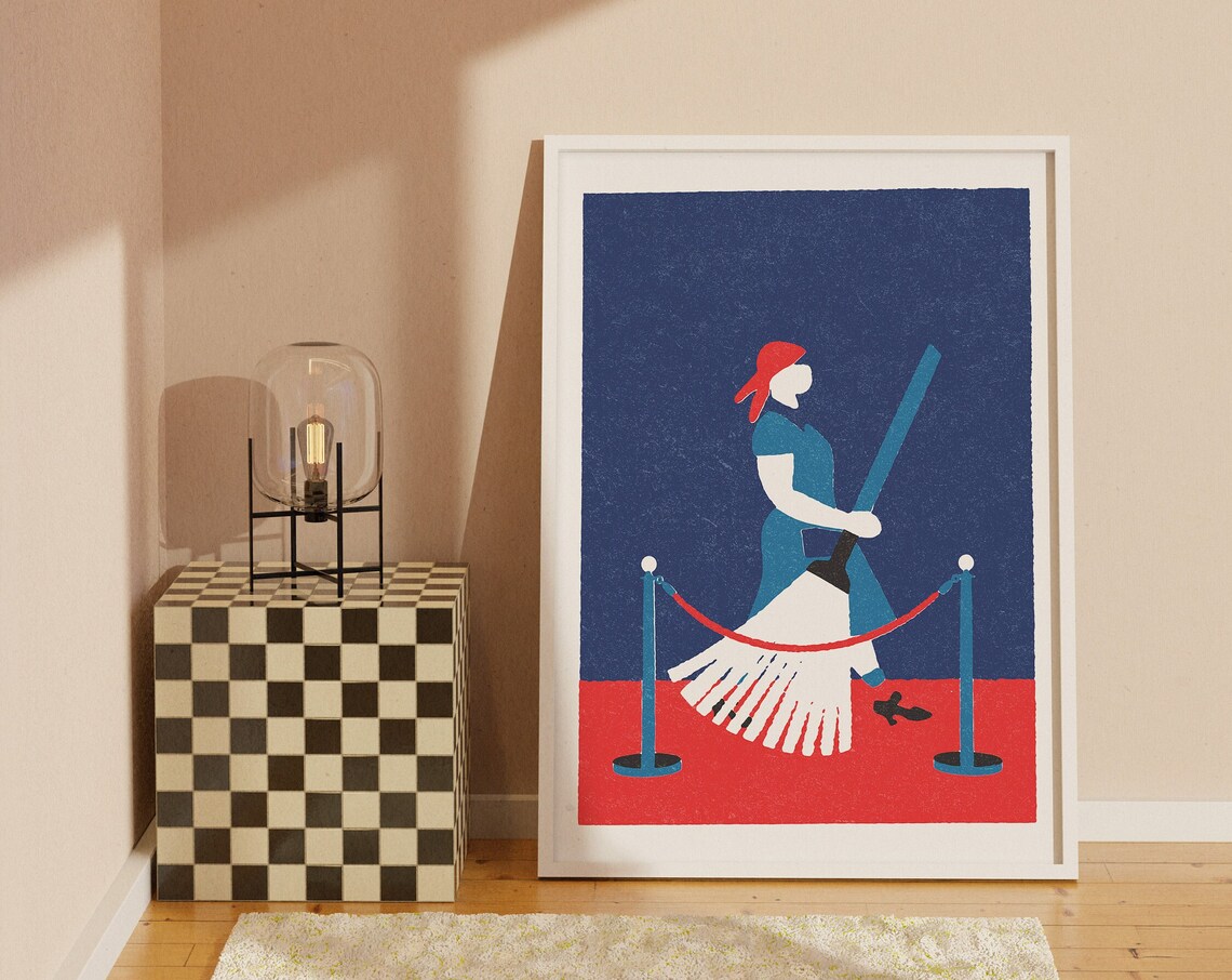 Woman Mopping Behind Velvet Rope Retro Illustration Poster Quirky - Image 2