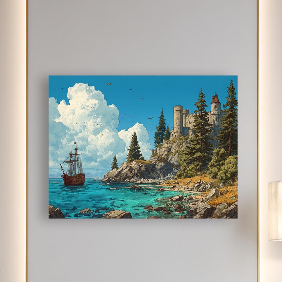 Medieval Castle By The Sea Sailing Ship Fantasy Coastal Art Poster