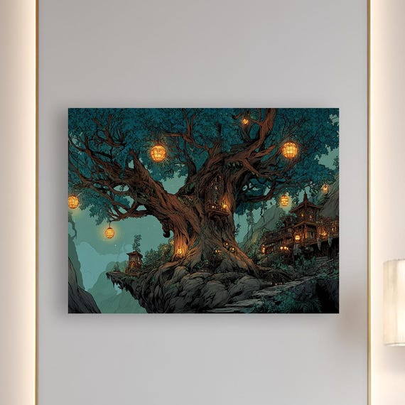 Enchanted Tree Fantasy Lantern Forest Canvas Wall Art Mystical Nature Escape