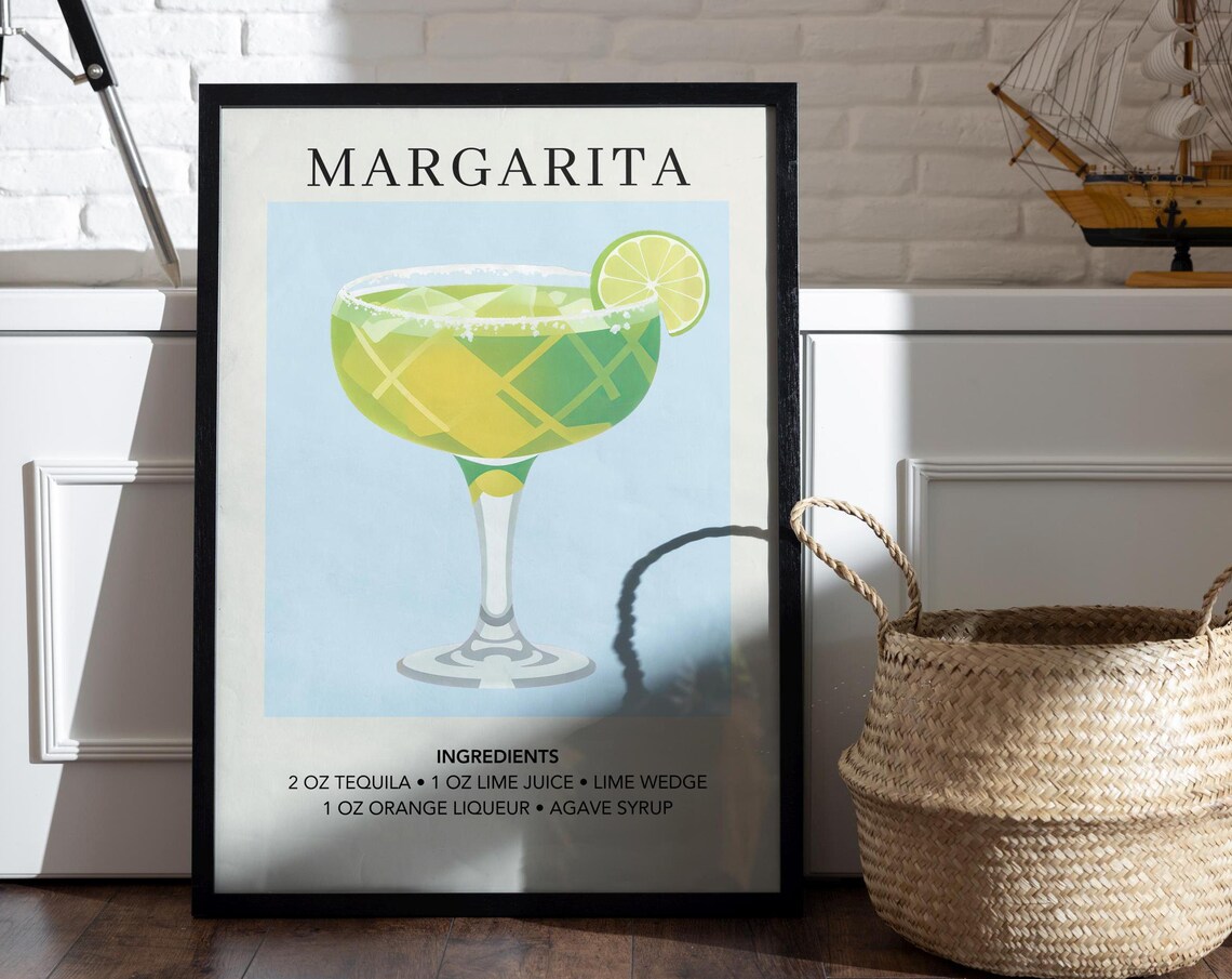 Margarita Vintage Cocktail Art Print, Retro Bar Poster