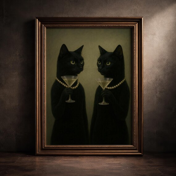 Black Cat Couple Martini Art Print Gothic Moody Minimalist Animal Painting Dark Cottagecore Decor Noir Aesthetic Poster For Alt Girl