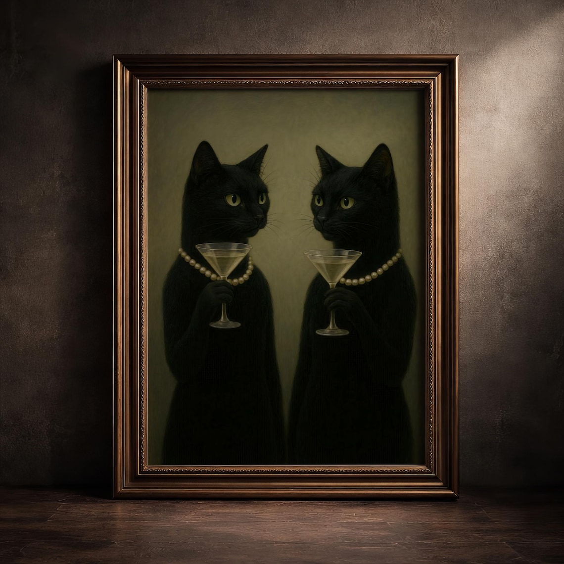 Black Cat Pair Martini Toast Pearl Necklaces Dark Moody Cat Poster