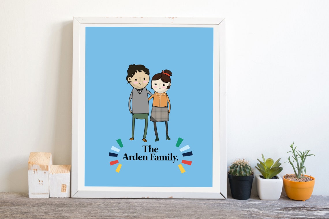 Personalized Cartoon Couple Portrait The Arden Family Blue Poster - Image 2