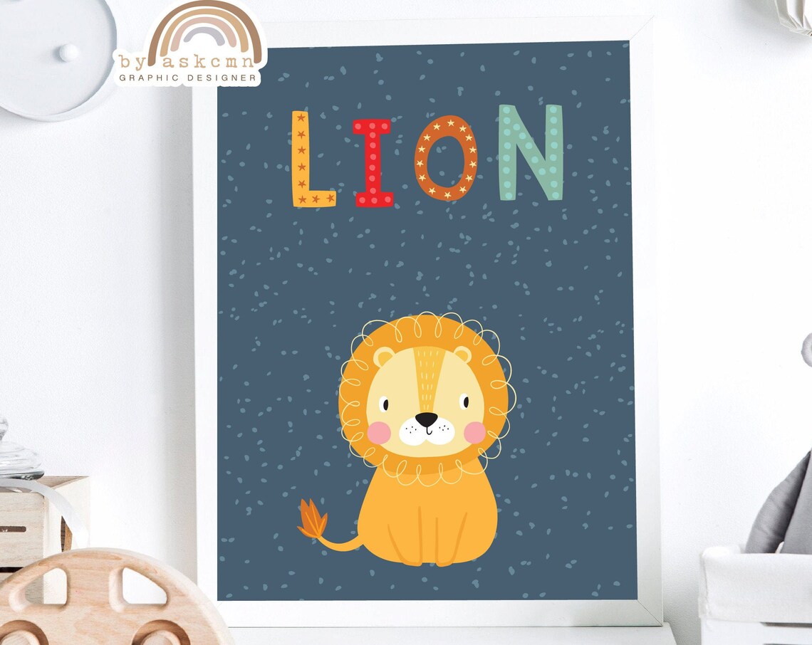 Colorful LION Text With Cute Smiling Lion Cub Navy Nursery Poster - Image 3