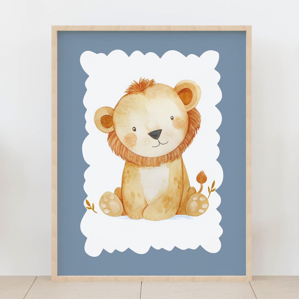 Baby Lion Watercolor Dusty Blue Background Nursery Safari Poster