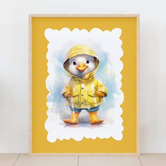 Cute Duck In Raincoat Print Rainy Day Nursery Decor Watercolor Animal Art For Cheerful Kids Room Decoration