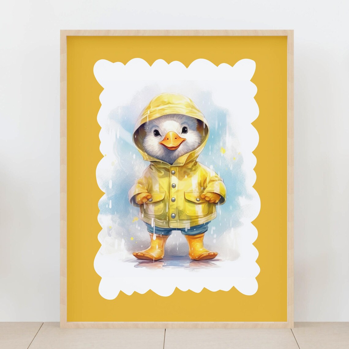 Cute Duckling In Yellow Raincoat Rainy Day Nursery Animal Poster