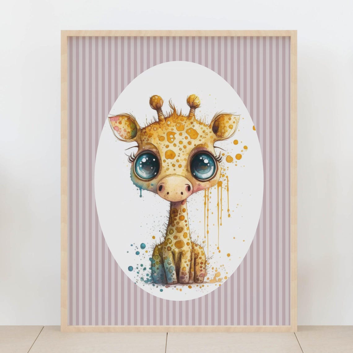 Adorable Big Eyed Baby Giraffe Watercolor Splash Nursery Wall Art