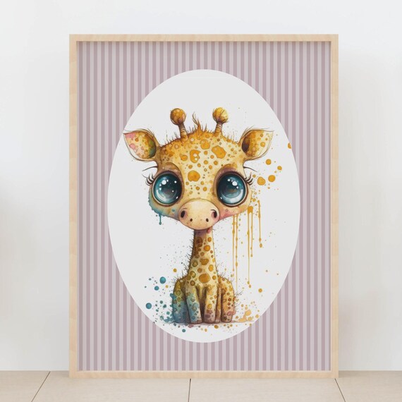 Adorable Big Eyed Baby Giraffe Watercolor Splash Nursery Wall Art