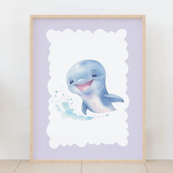 Baby Dolphin Wall Decor Ocean Animal Nursery Art Watercolor Sea Life Print For Kids Room Playroom