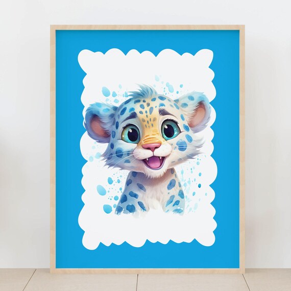 Smiling Leopard Cub Watercolor Bright Blue Kids Safari Poster