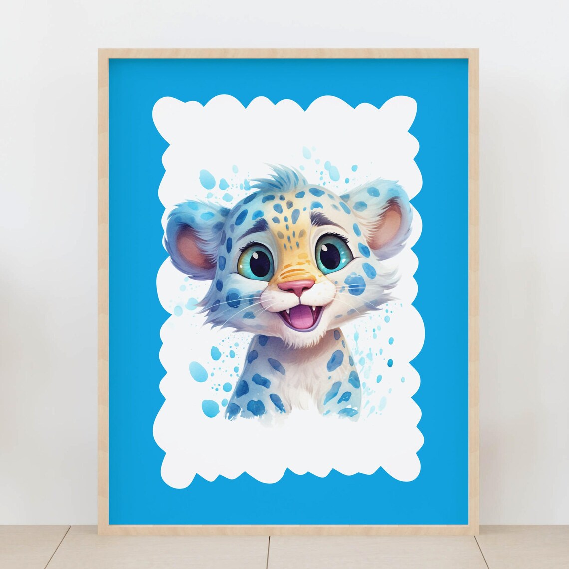 Smiling Leopard Cub Watercolor Bright Blue Kids Safari Poster