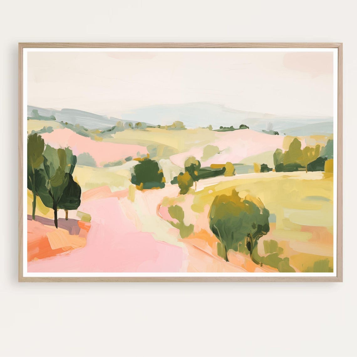 Pink and Yellow Rolling Hills with Green Trees Pastoral Poster
