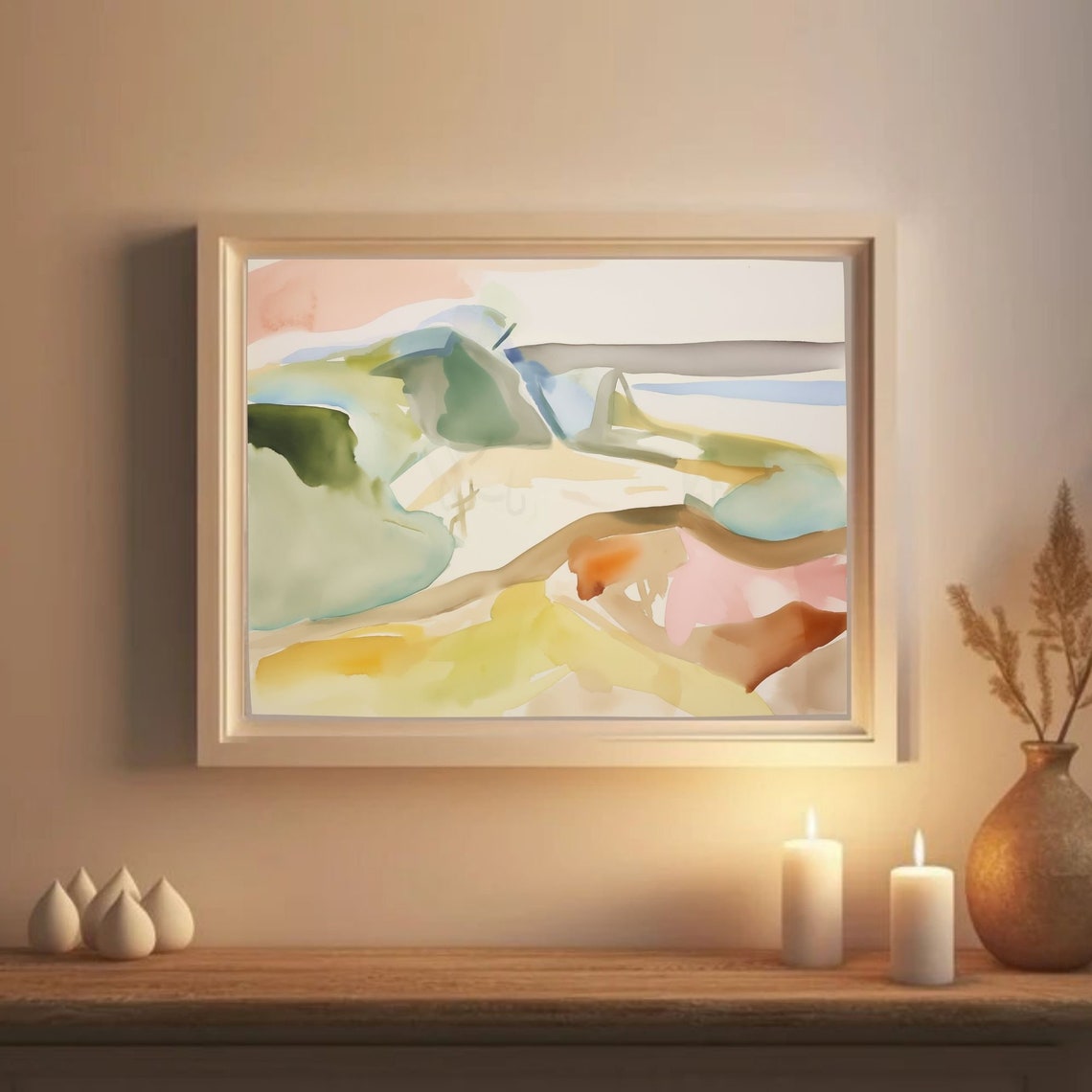 Curved Yellow and Green Abstract River Valley Landscape Poster - Image 2