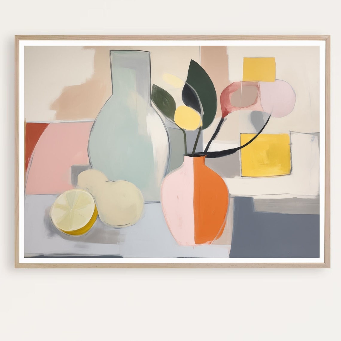 Mid Century Still Life with Lemons and Vases in Pastel Tones Poster
