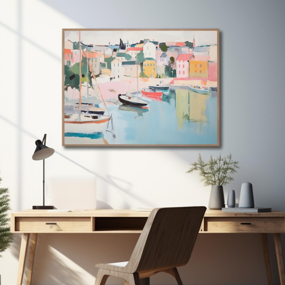Colorful Mediterranean Harbor Town with Sailboats Painting Poster - Image 2